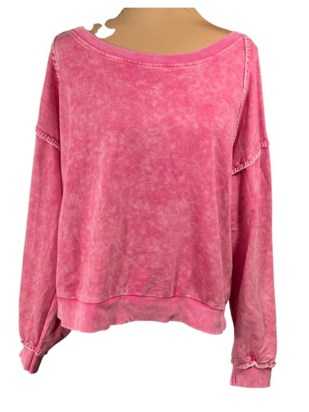 BiBi Sweatshirt Acid Wash Pink Size L Large Cropped Blanket Stitch